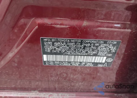 2008 Lexus Es 350 from USA, damaged, VIN JTHBJ46G982269114